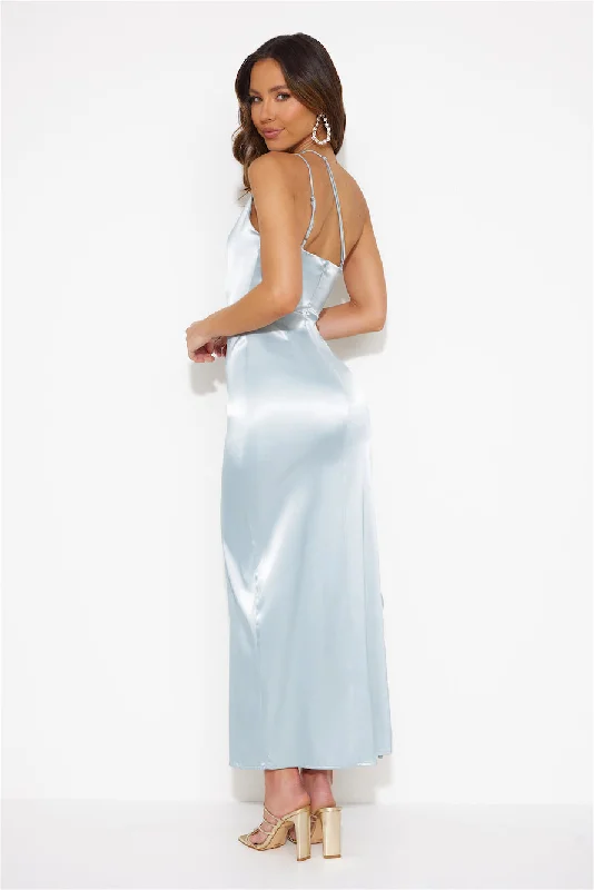 She Is Golden Satin Maxi Dress Blue