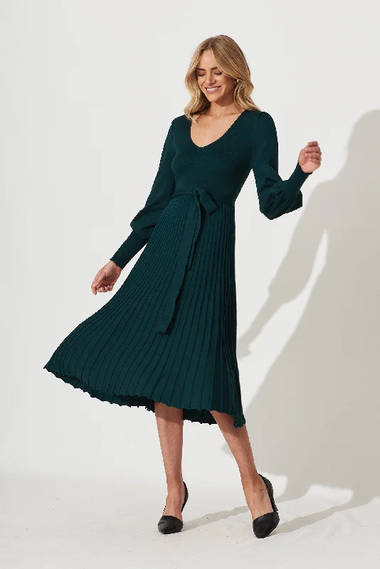 Albi Midi Knit Dress In Emerald Cotton Blend