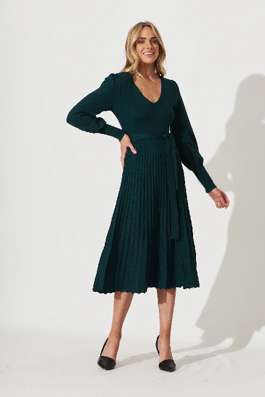 Albi Midi Knit Dress In Emerald Cotton Blend