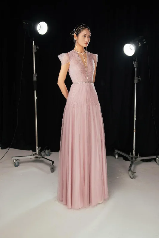 Calla A-line Pleated Chest Organza Floor Length Dress