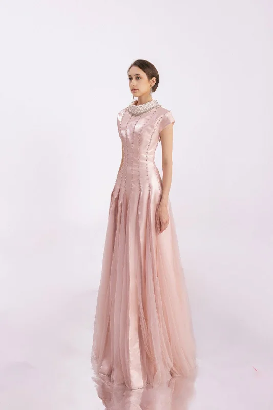 Crane Gored Stone Mesh Silk Floor Length Dress