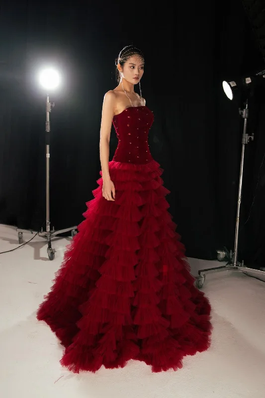 Cuevas Ball Gown Ruffle Layer Mesh Silk Floor Length Dress