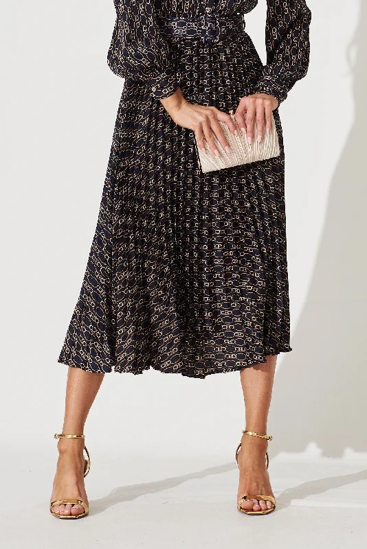 Cyrus Midi Dress In Navy Chain Print Satin