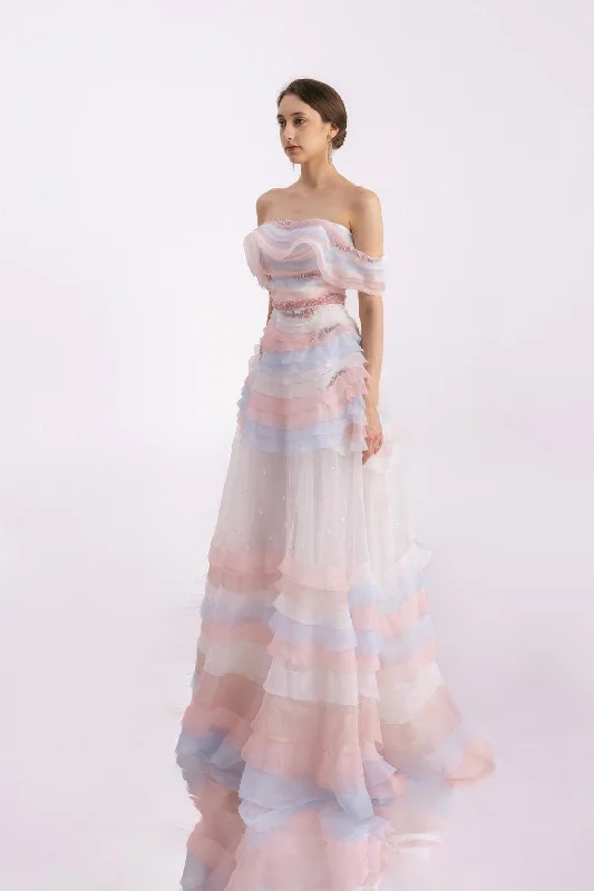 Dallasy Fit and Flare Off-Shoulder Organza Floor Length Dress