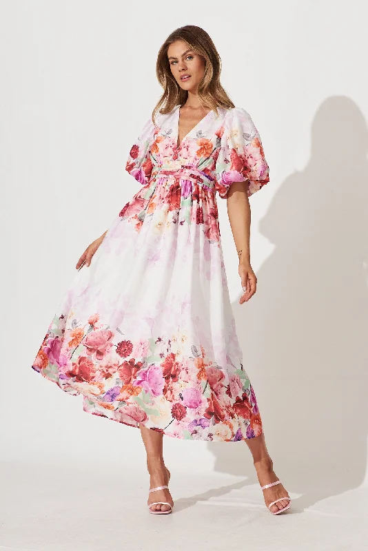 Divine Maxi Dress In White With Pink Multi Floral Print