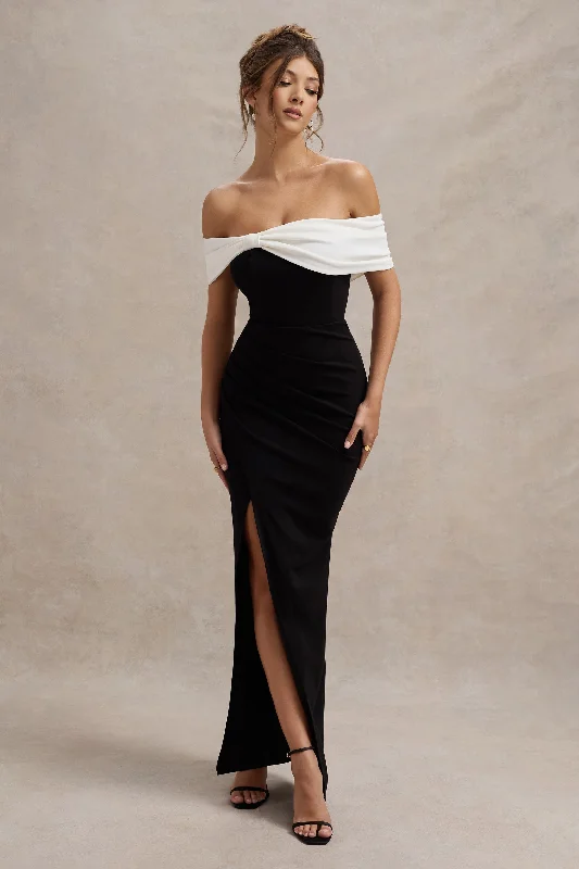 Eva | Black & White Bardot Bow Detail Maxi Dress With Thigh Split