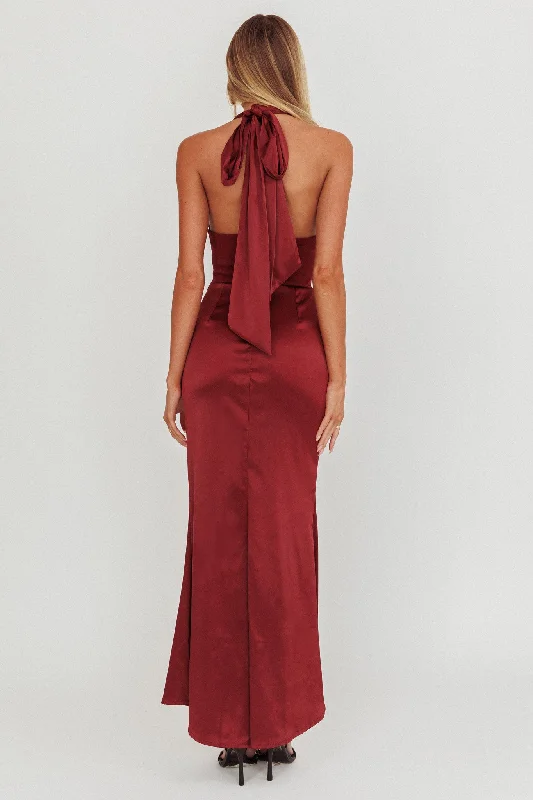 Italia Azure Pleat Bodice Halterneck Maxi Dress Wine