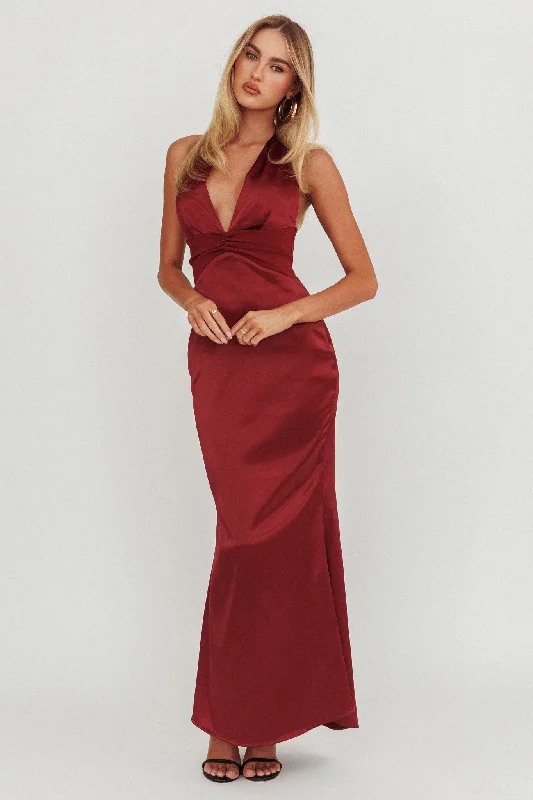 Italia Azure Pleat Bodice Halterneck Maxi Dress Wine