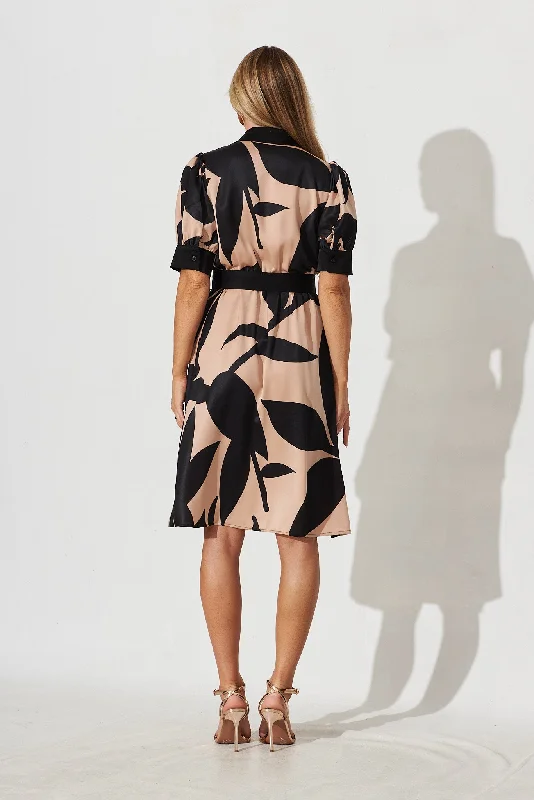 Kristel Shirt Dress In Brown With Black Print Satin