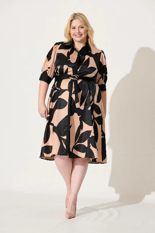 Kristel Shirt Dress In Brown With Black Print Satin