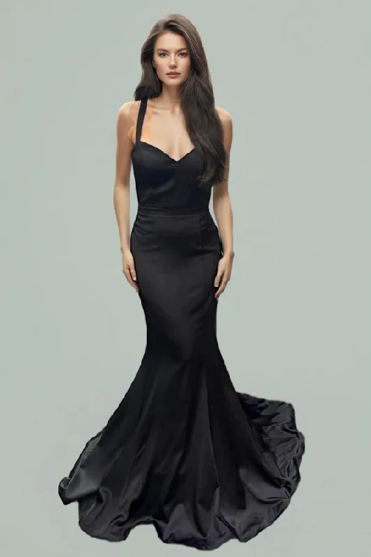 Mermaid Satin Long Black Prom Dress Evening Dress with Train PSK566