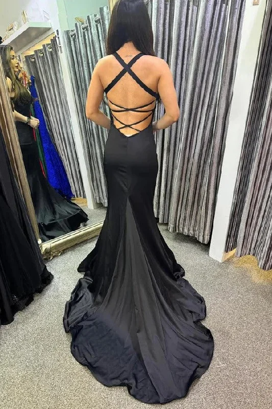 Mermaid Satin Long Black Prom Dress Evening Dress with Train PSK566