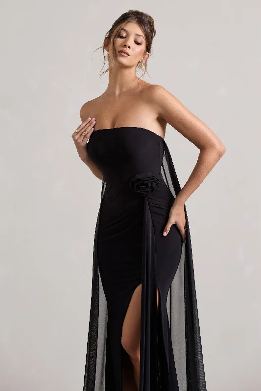 More To Come | Black Strapless Wrap Cape Maxi Dress With Corsage