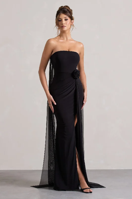 More To Come | Black Strapless Wrap Cape Maxi Dress With Corsage