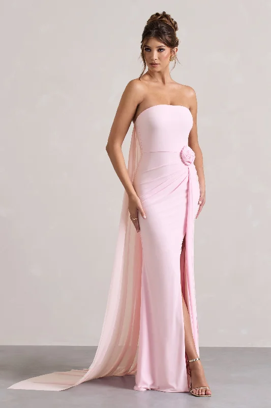 More To Come | Pink Strapless Wrap Cape Maxi Dress With Corsage