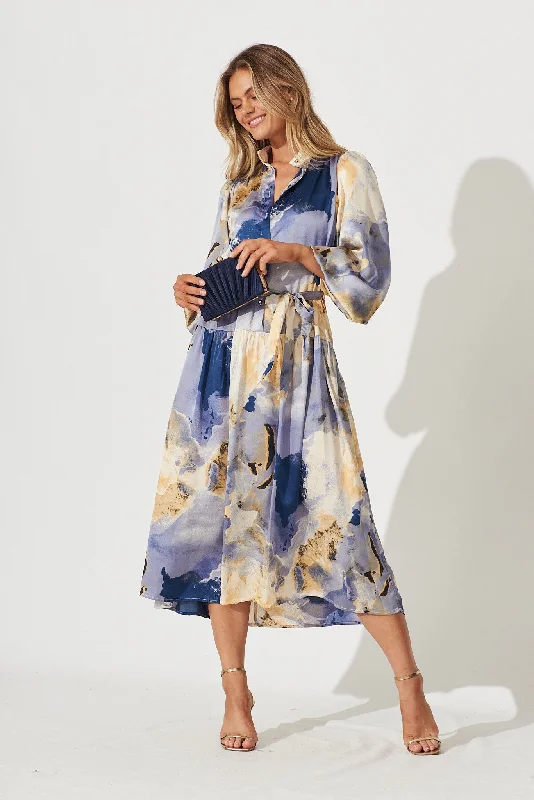 Pippa Maxi Dress In Blues With Beige Print Satin