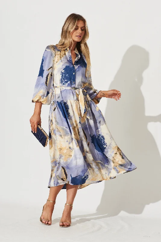 Pippa Maxi Dress In Blues With Beige Print Satin