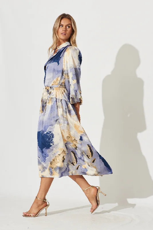 Pippa Maxi Dress In Blues With Beige Print Satin