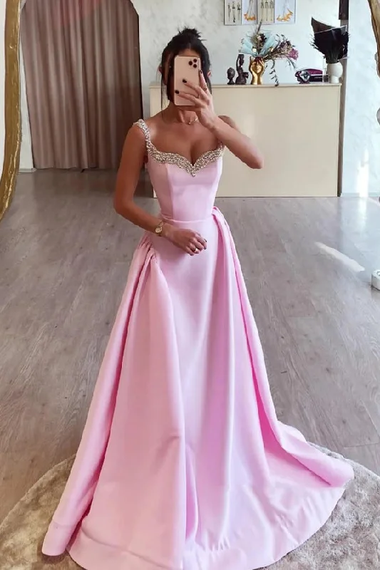 Simple A Line Pink Satin Long Prom Dresses with Beadings PSK562