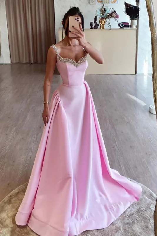 Simple A Line Pink Satin Long Prom Dresses with Beadings PSK562