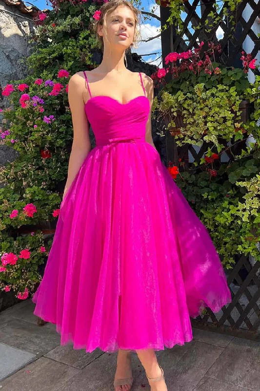 Sweetheart Tea Length Hot Pink Prom Dress Simple Prom Dress PSK565