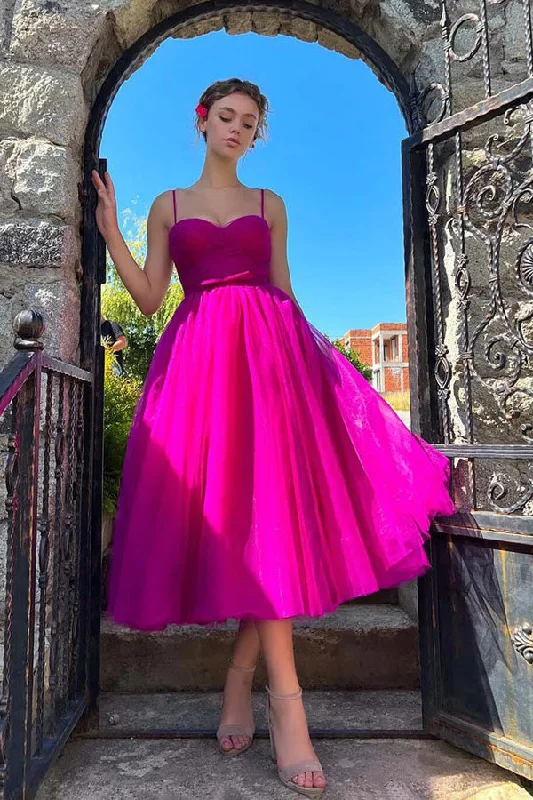 Sweetheart Tea Length Hot Pink Prom Dress Simple Prom Dress PSK565