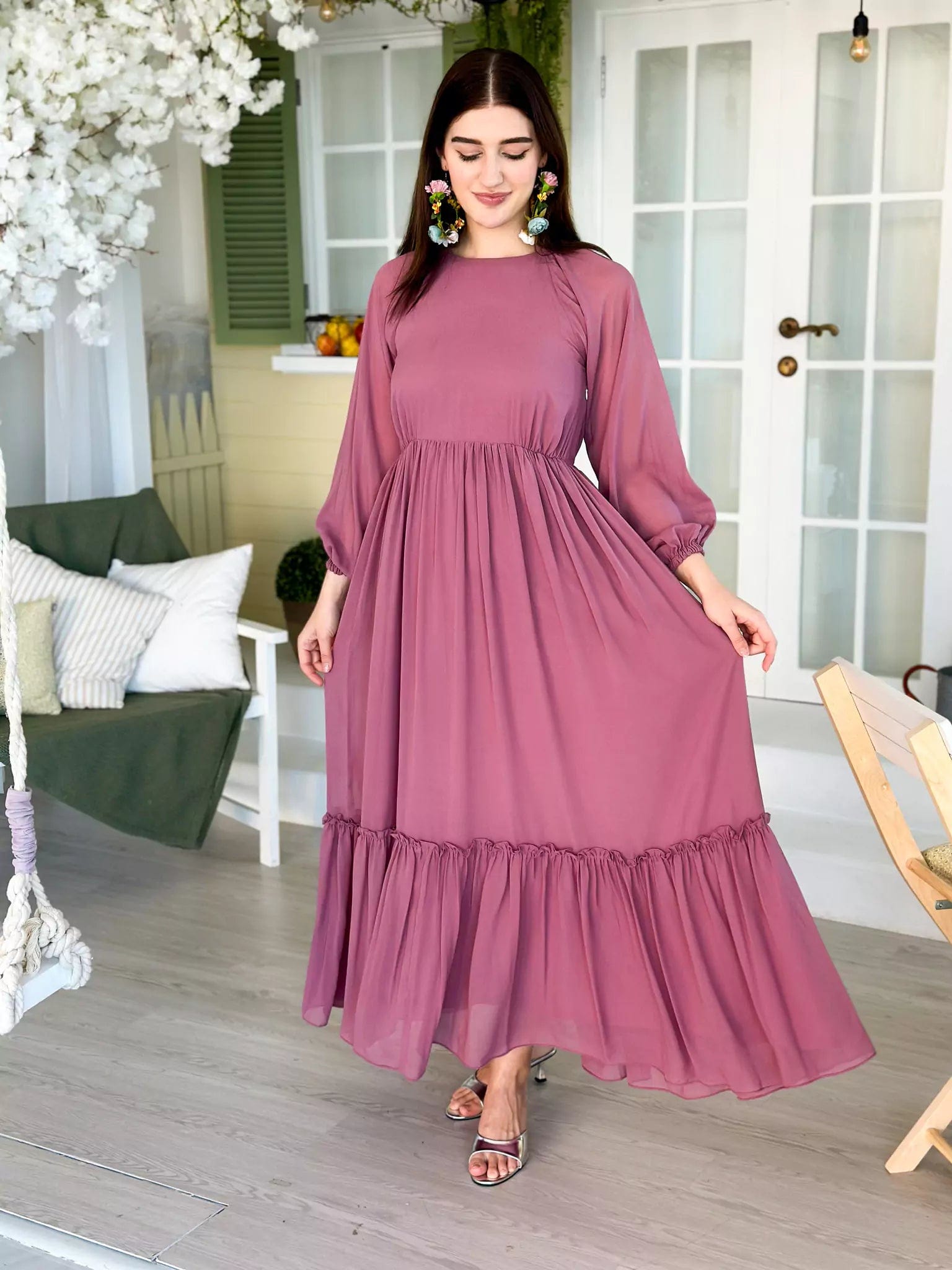 Allium Solid Long Dress - Mauve