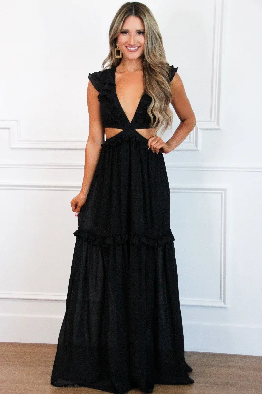 Leave You With a Smile Flutter Sleeve Maxi Dress: Black