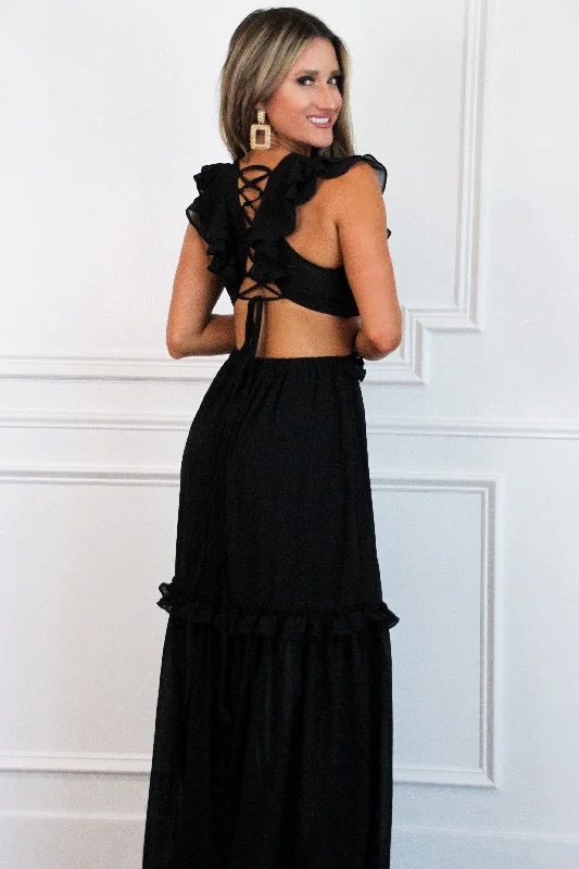 Leave You With a Smile Flutter Sleeve Maxi Dress: Black