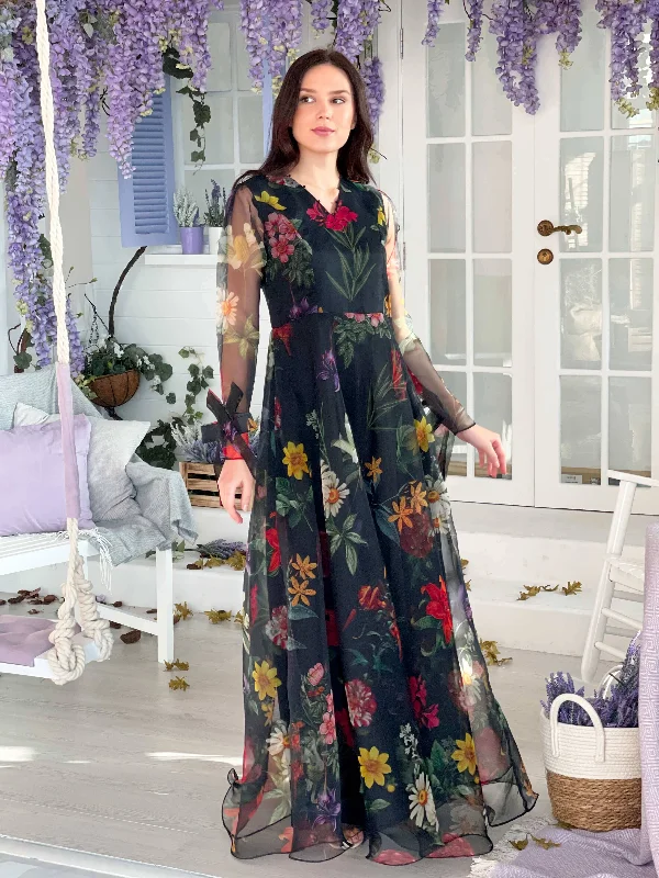 Margaret - Organza Floral Dress In Black