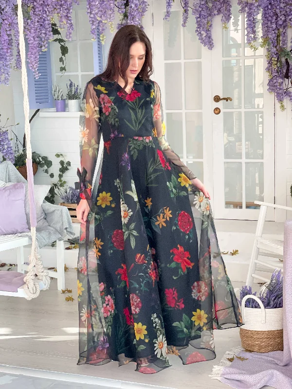 Margaret - Organza Floral Dress In Black