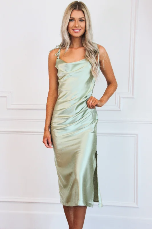 Racing Hearts Satin Midi Dress: Sage