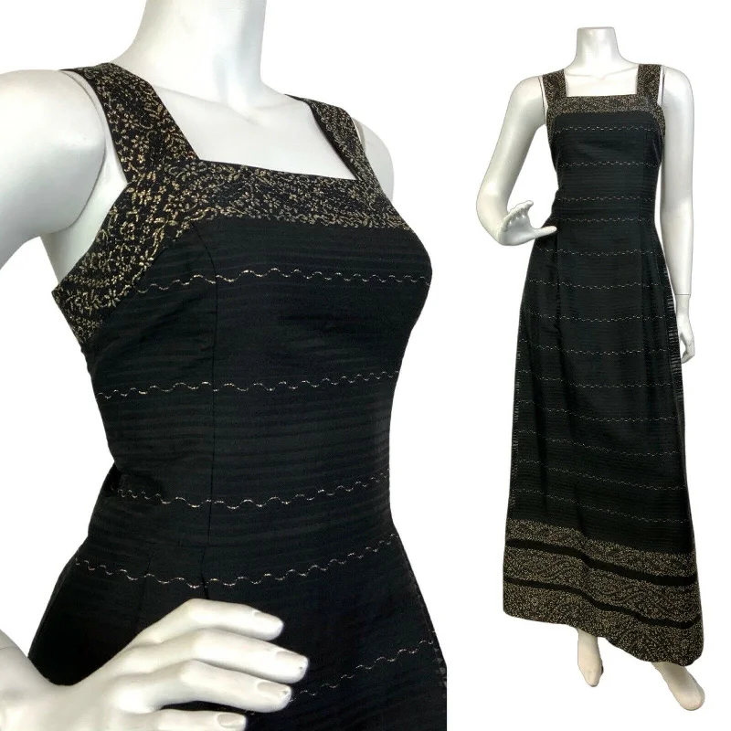 VINTAGE 60s 70s BLACK GOLD STRIPED FLORAL EMBROIDERED PARTY GLAM MAXI DRESS 8