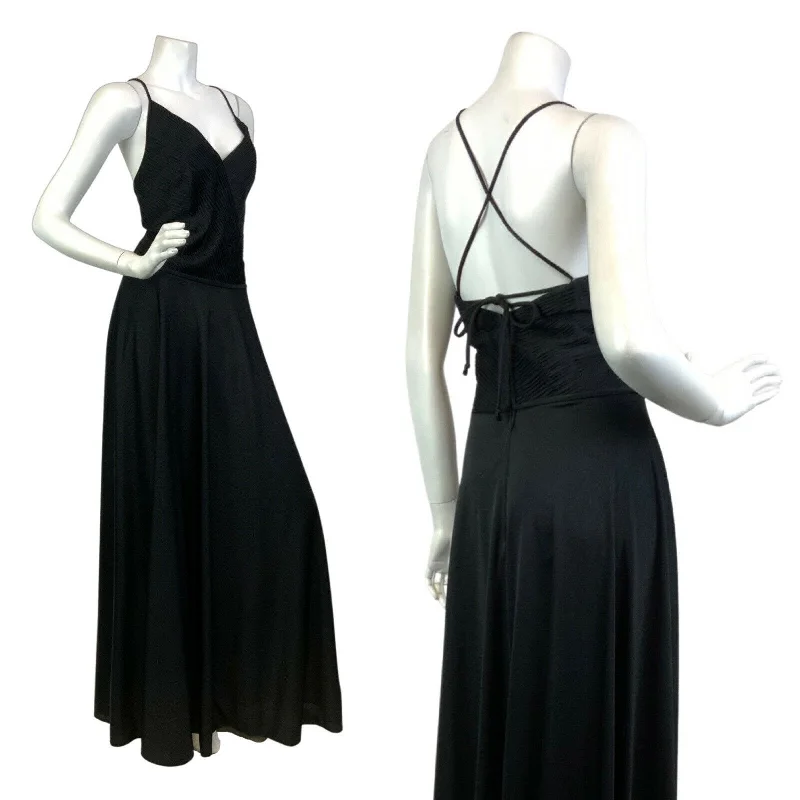 VINTAGE 60s 70s BLACK PLUNGING PLEATED SPAGHETTI-STRAP ELEGANT MAXI DRESS 10 12