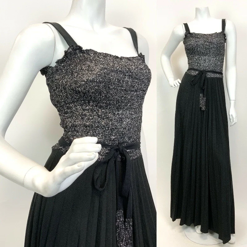 VINTAGE 60s 70s BLACK SILVER DISCO GLAM STUDIO 54 PARTY STRAPPY MAXI DRESS 6 8