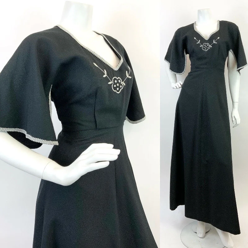 VINTAGE 60s 70s BLACK SILVER EMBROIDERED FLORAL BELL SLEEVE ELEGANT MAXI DRESS 8