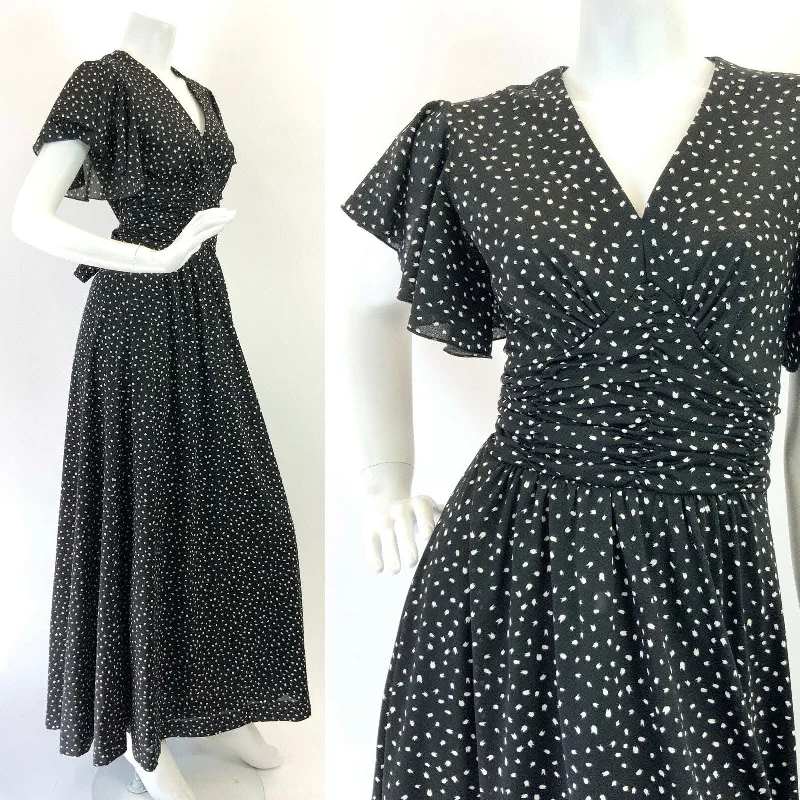 VINTAGE 60s 70s BLACK WHITE POLKA-DOT DASH RUFFLED FLARED SUMMER MAXI DRESS 8 10