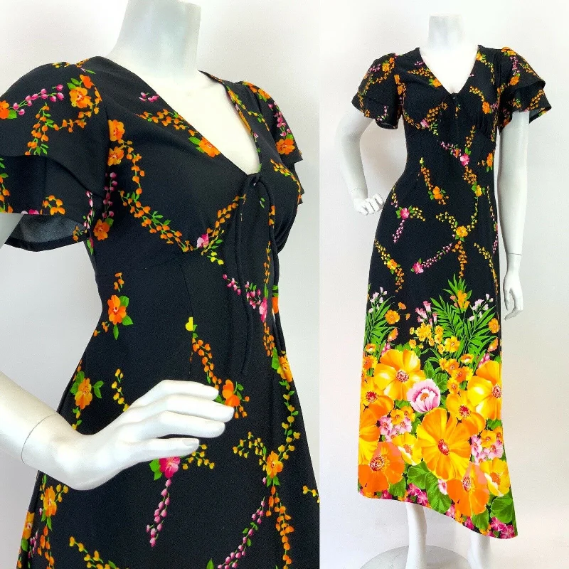 VINTAGE 60s 70s BLACK YELLOW GREEN PINK FLORAL VINE RUFFLED MAXI DRESS 10