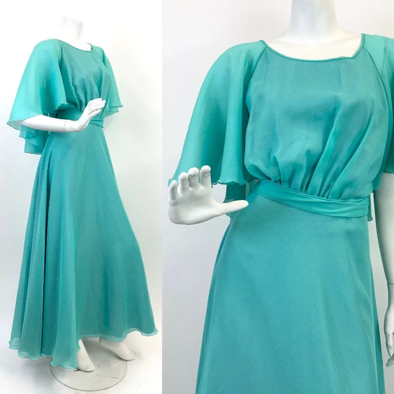 VINTAGE 60s 70s BLUE SEA GREEN FLOATY SHEER CAPE SLEEVE HOSTESS BOHO MAXI DRESS