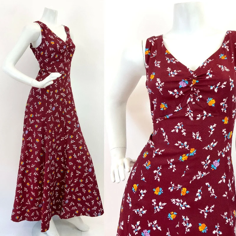 VINTAGE 60s 70s WINE RED WHITE BLUE FLORAL LEAF SLEEVELESS BOHO MAXI DRESS 10 12