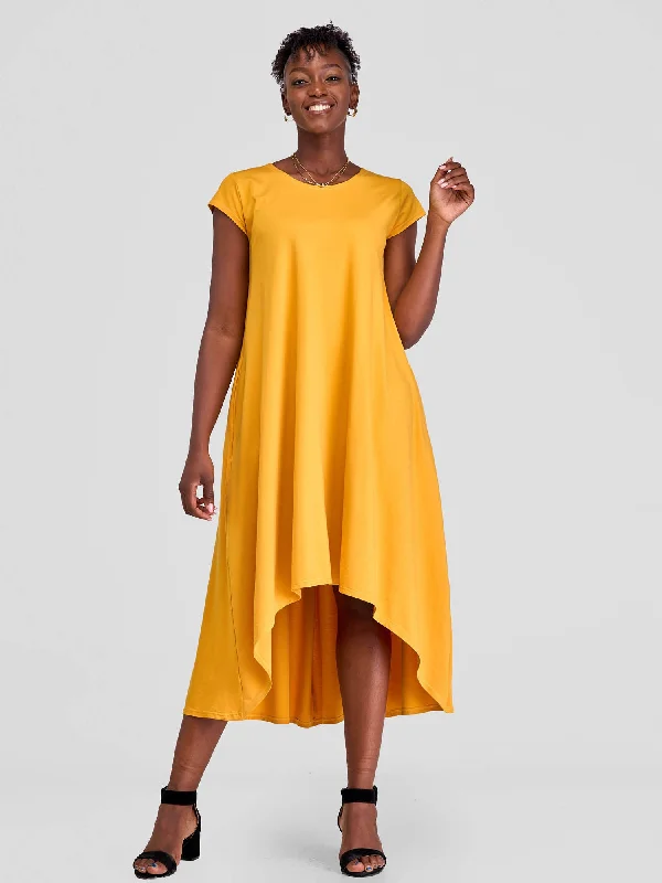 Vivo Ponte Back Pleat High Low Dress - Mustard