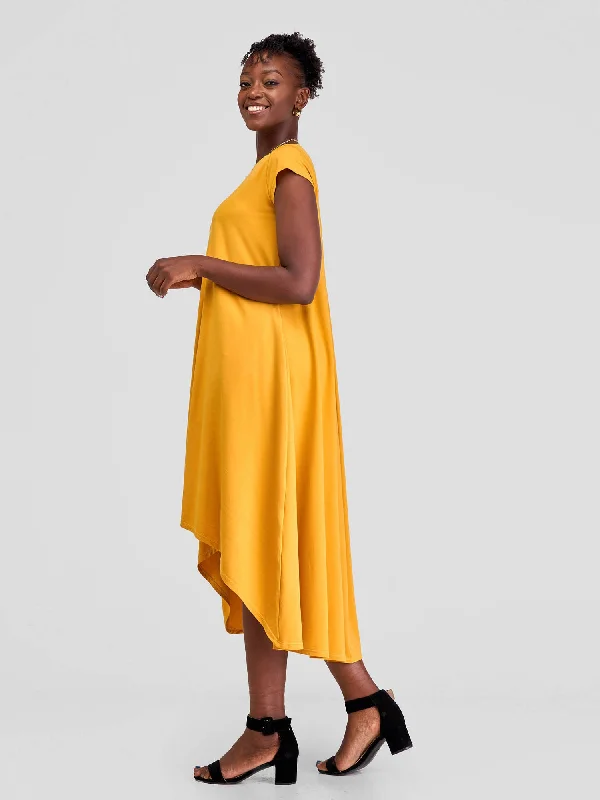 Vivo Ponte Back Pleat High Low Dress - Mustard