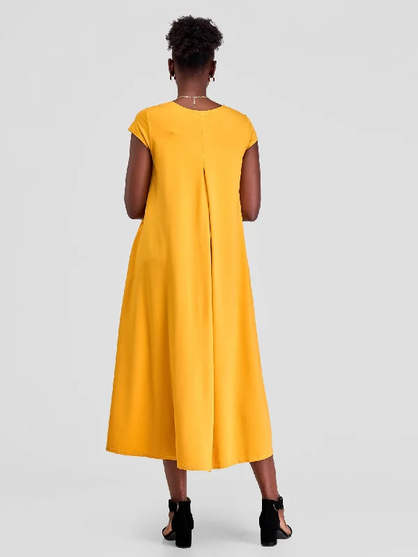 Vivo Ponte Back Pleat High Low Dress - Mustard