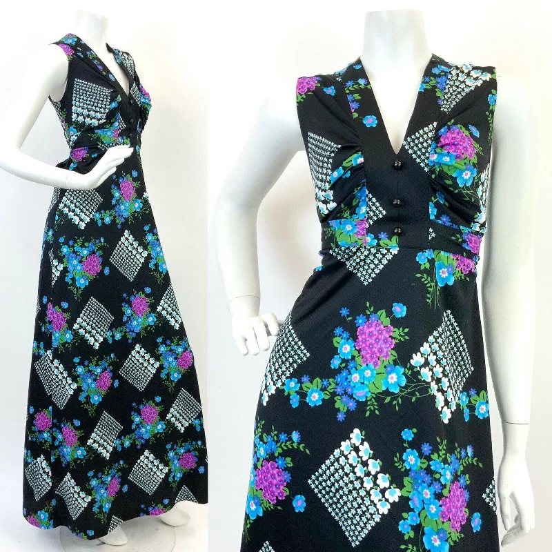 VTG 60s 70s BLACK BLUE PURPLE FLORAL GEOMETRIC SLEEVELESS MOD MAXI DRESS 12 14