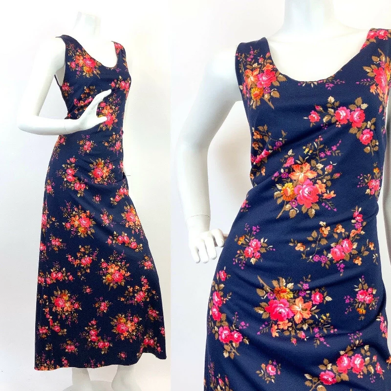 VTG 60s 70s BLUE PINK BROWN ORANGE FLORAL BOUQUET SLEEVELESS MAXI DRESS 10 12