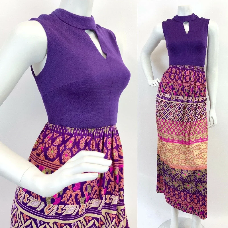 VTG 60s 70s PURPLE PINK GREEN BEIGE FLORAL GEOMETRIC SLEEVELESS MAXI DRESS 10