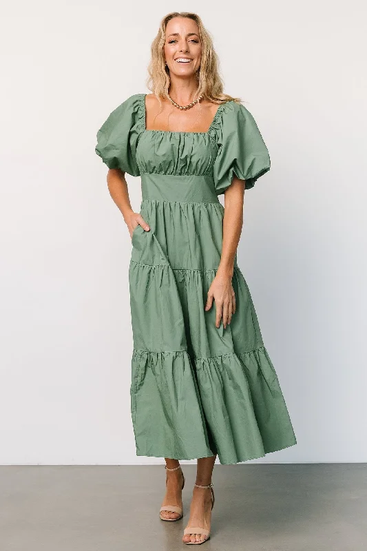 Cindy Puff Sleeve Tiered Dress | Dusty Green