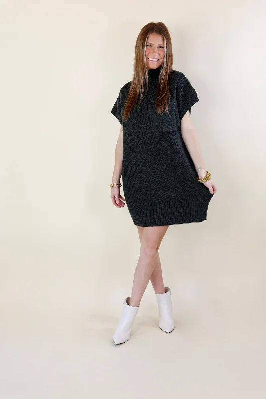 City Sights Cap Sleeve Sweater Dress in Charcoal Black