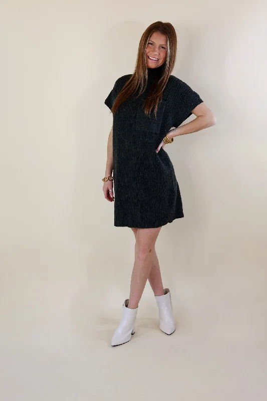 City Sights Cap Sleeve Sweater Dress in Charcoal Black