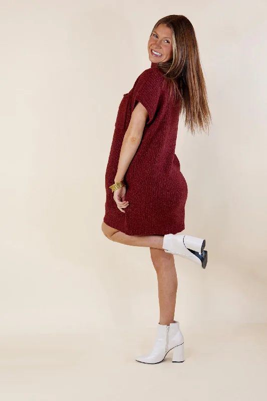 City Sights Cap Sleeve Sweater Dress in Maroon